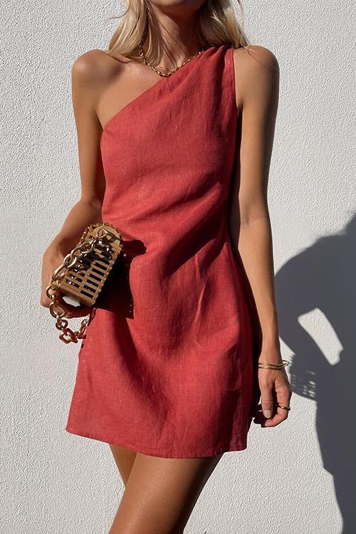 Minimalism One Shoulder Linen Mini Dress - Fashionpara