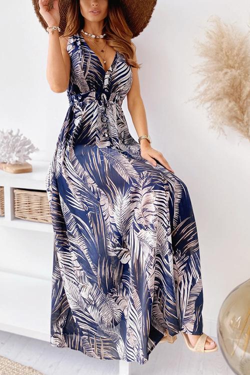 Leaf Print V Neck Sleeveless Maxi Dress - Fashionpara