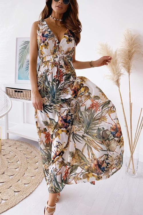 Leaf Print V Neck Sleeveless Maxi Dress - Fashionpara