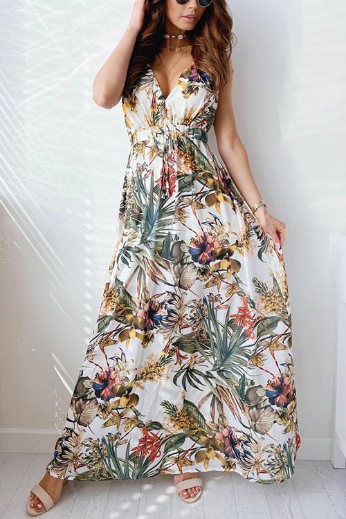 Leaf Print V Neck Sleeveless Maxi Dress - Fashionpara