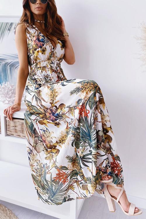 Leaf Print V Neck Sleeveless Maxi Dress - Fashionpara