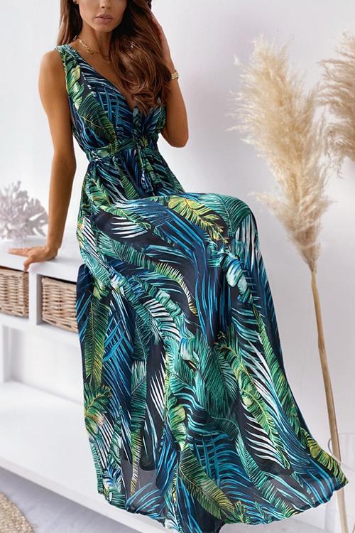 Leaf Print V Neck Sleeveless Maxi Dress - Fashionpara