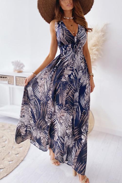 Leaf Print V Neck Sleeveless Maxi Dress - Fashionpara