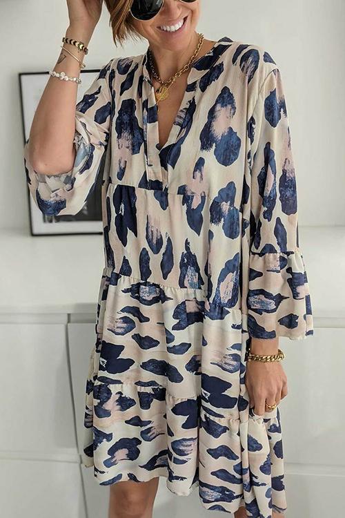 Leoaprd V Neck Long Sleeve Mini Dress - Fashionpara