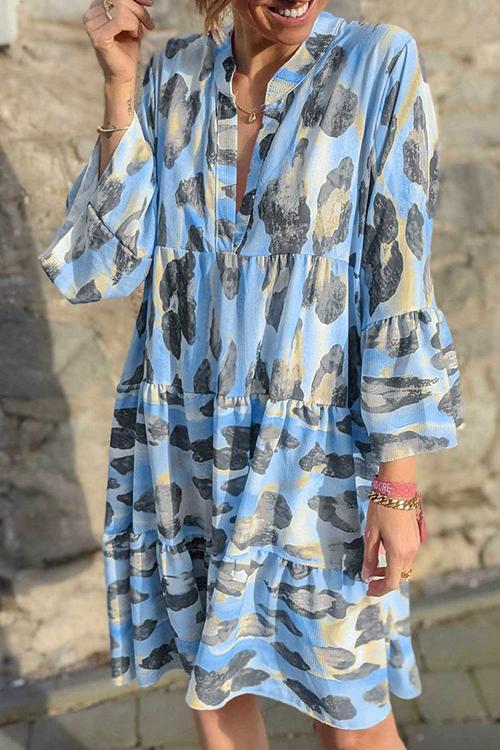 Leoaprd V Neck Long Sleeve Mini Dress - Fashionpara