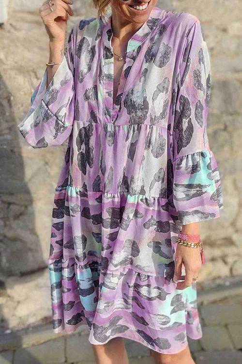 Leoaprd V Neck Long Sleeve Mini Dress - Fashionpara