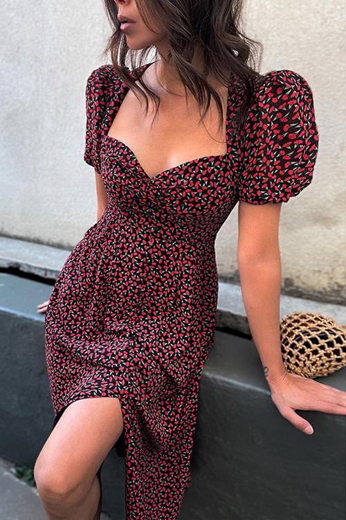 Floral Print Puff Sleeve Dress - Fashionpara