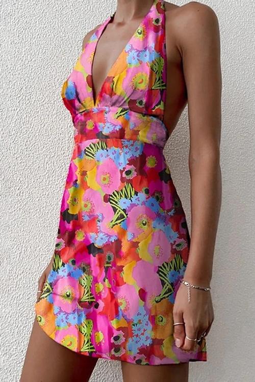 Print Halter Neck Backless Mini Dress - Fashionpara