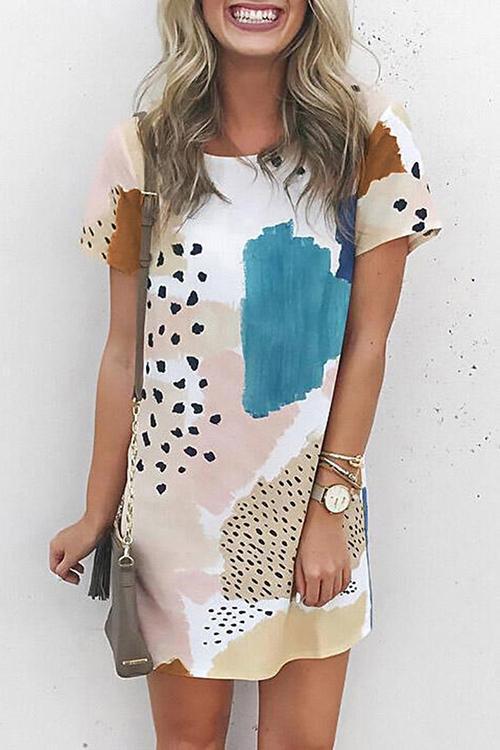 Print Patchwork O Neck T Shirt Dress - Fashionpara