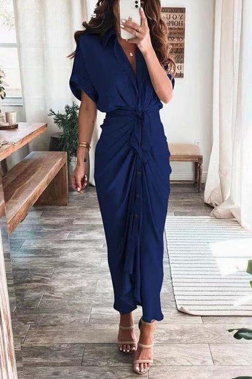 Button Knot Bat Drape Dress - Fashionpara