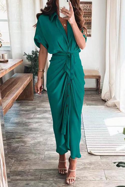 Button Knot Bat Drape Dress - Fashionpara