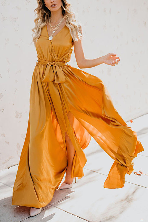 V Neck Sleeveless Slit Wrap Maxi Dress - Fashionpara