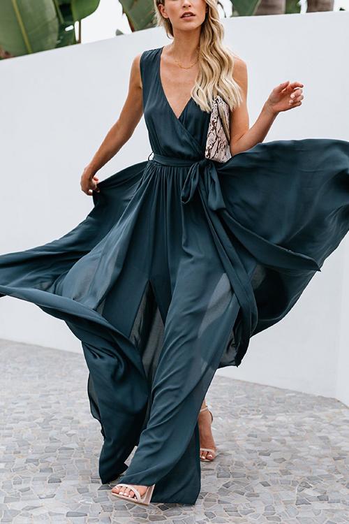 V Neck Sleeveless Slit Wrap Maxi Dress - Fashionpara