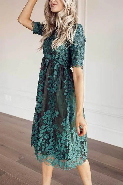 Embroidery Short Sleeve O Neck Dress - Fashionpara