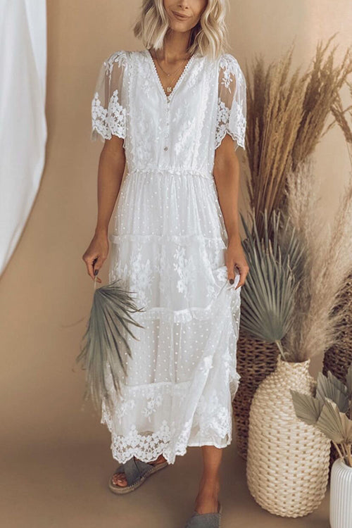 Button Lace V Neck Short Sleeve Maxi Dress - Fashionpara