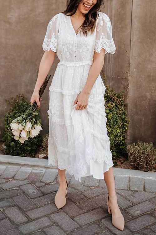 Button Lace V Neck Short Sleeve Maxi Dress - Fashionpara