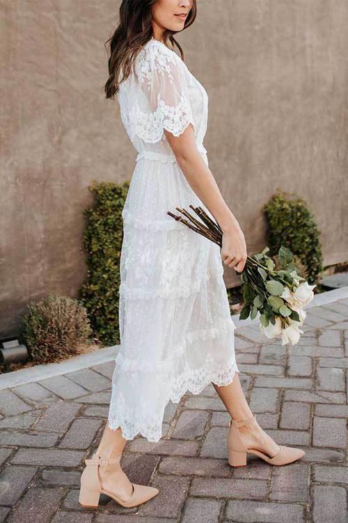 Button Lace V Neck Short Sleeve Maxi Dress - Fashionpara