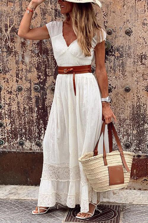 Lace V Neck Short Sleeve Maxi Dress - Fashionpara