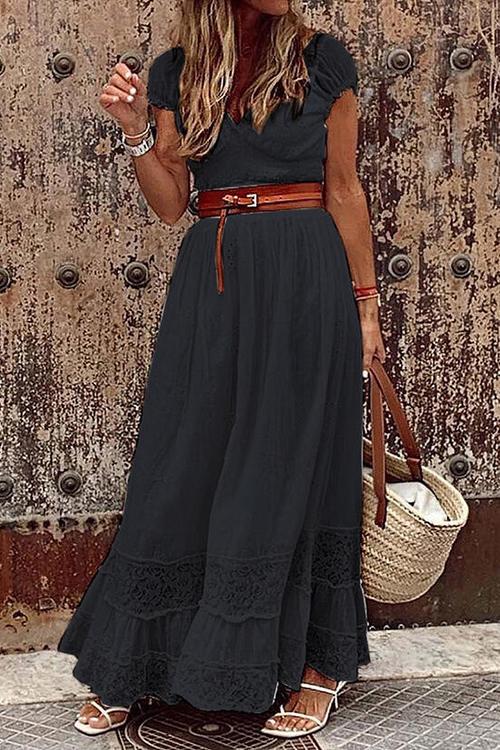 Lace V Neck Short Sleeve Maxi Dress - Fashionpara