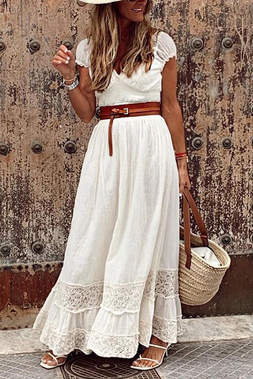 Lace V Neck Short Sleeve Maxi Dress - Fashionpara