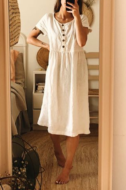 O Neck Button Half Sleeve Dress - Fashionpara