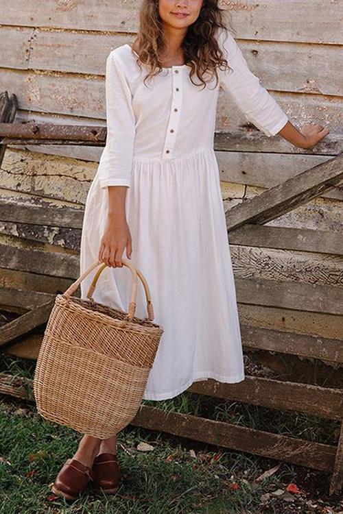 O Neck Button Half Sleeve Dress - Fashionpara