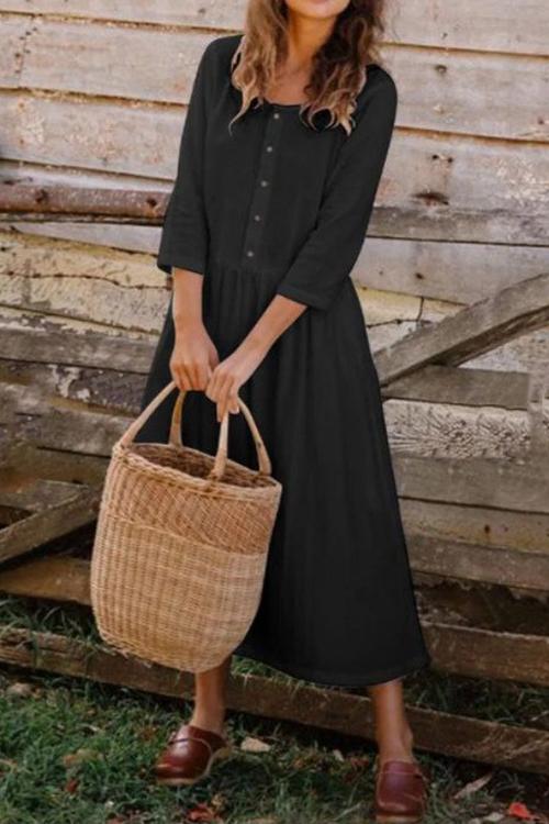 O Neck Button Half Sleeve Dress - Fashionpara