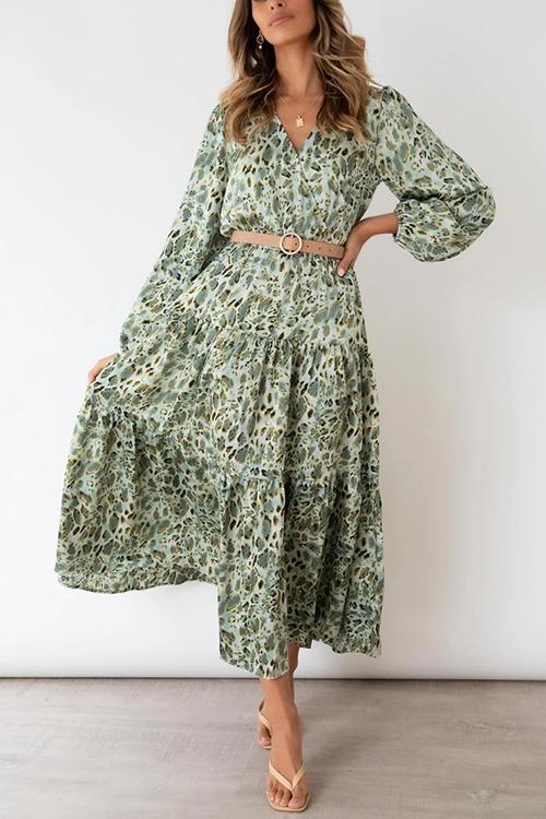 Print Belted Long Sleeve Maxi Dress - Fashionpara