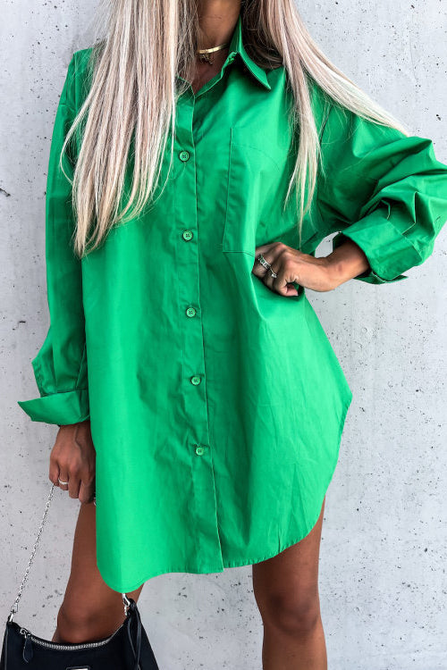 Button Pockets Oversized Shirt Dress - Fashionpara