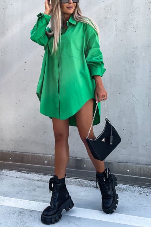 Button Pockets Oversized Shirt Dress - Fashionpara