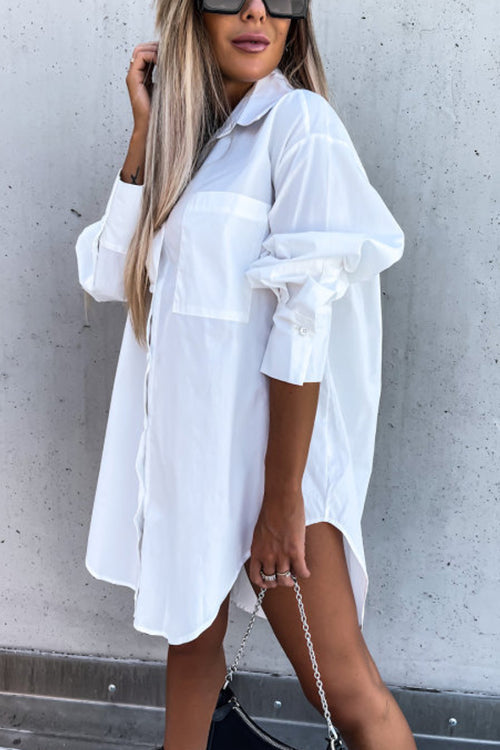 Button Pockets Oversized Shirt Dress - Fashionpara