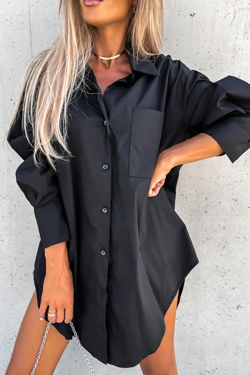Button Pockets Oversized Shirt Dress - Fashionpara