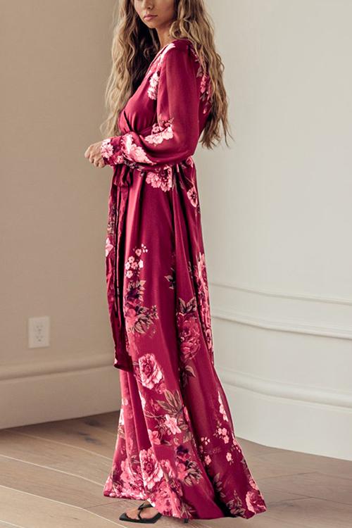 Timeless Floral Print Long Sleeve Wrap Maxi Dress - Fashionpara