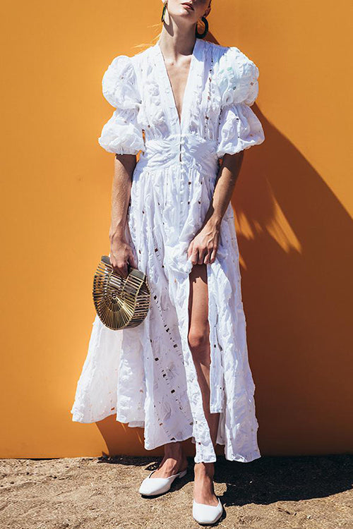 V Neck Hollow Ruffle Puff Sleeve Maxi Dress - Fashionpara