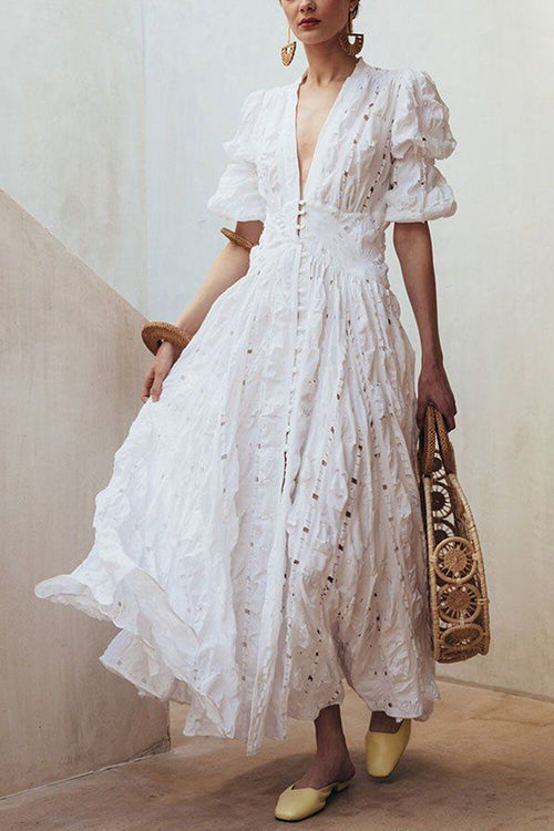 V Neck Hollow Ruffle Puff Sleeve Maxi Dress - Fashionpara