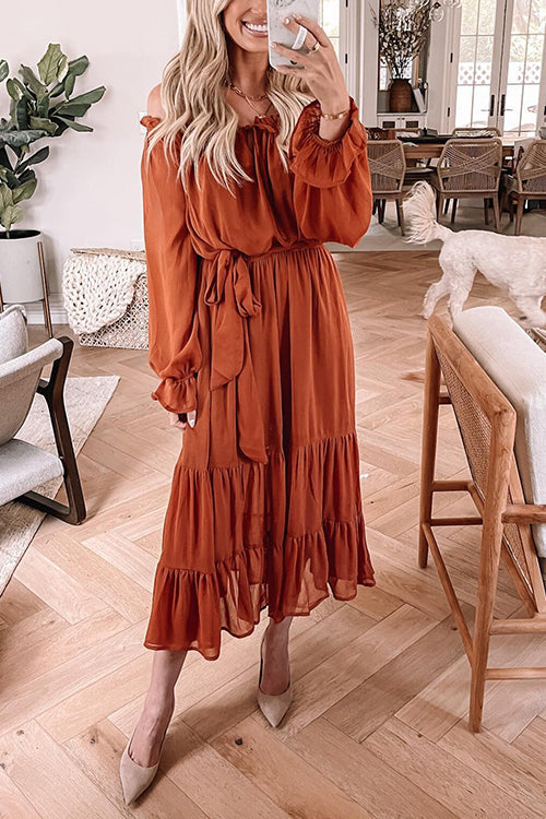 Layer Ruffles Off Shoulder Belted Maxi Dress - Fashionpara