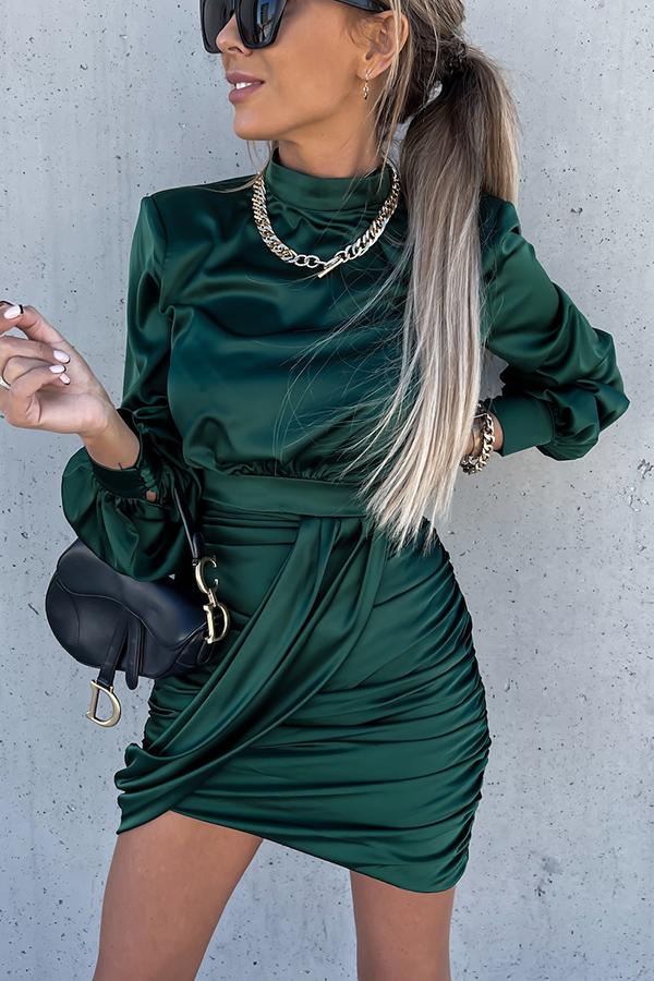 Satin Puff Sleeve Ruched Mini Dress - Fashionpara