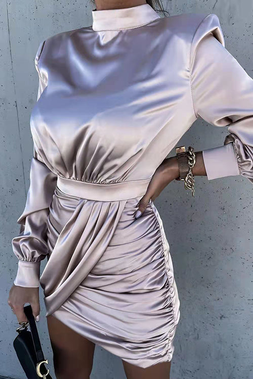 Satin Puff Sleeve Ruched Mini Dress - Fashionpara