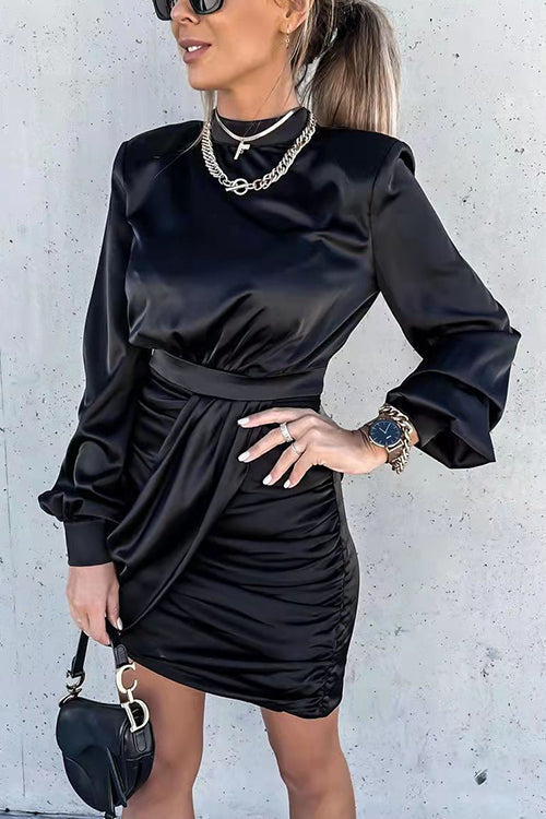 Satin Puff Sleeve Ruched Mini Dress - Fashionpara