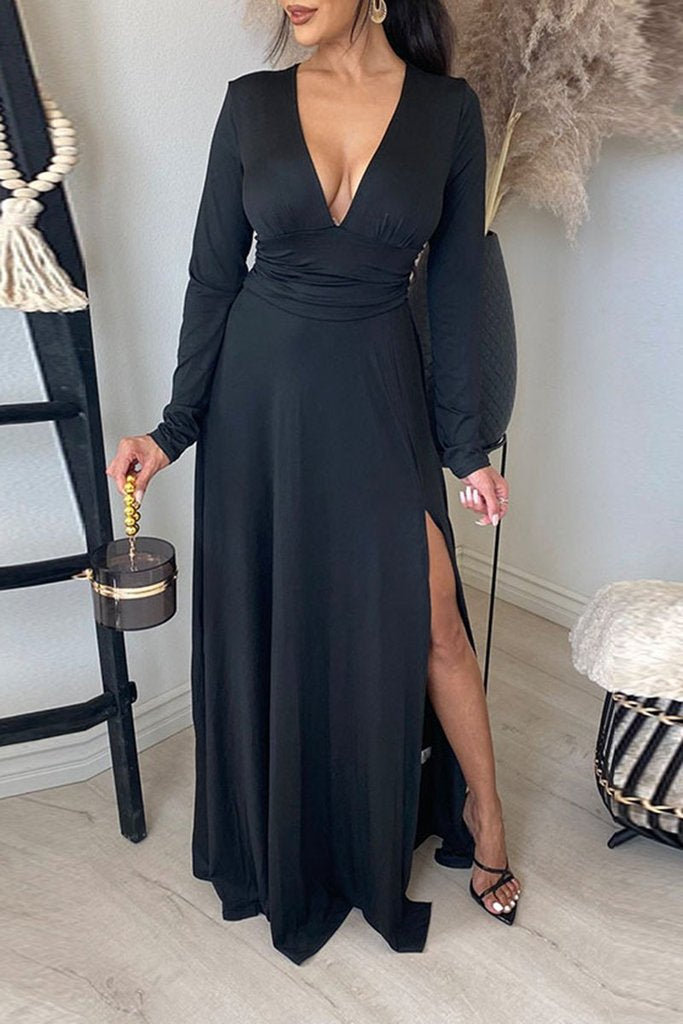 V Neck Long Sleece Slit Maxi Dress - Fashionpara