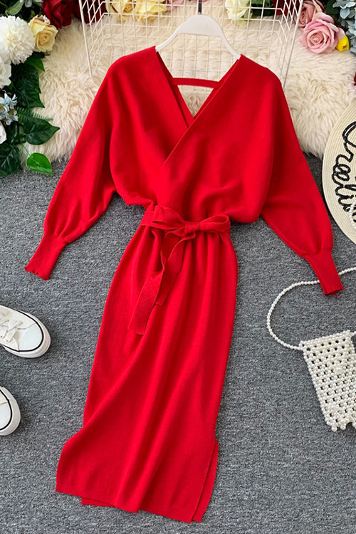 Surplice Wrap Side Slit Sweater Dress - Fashionpara