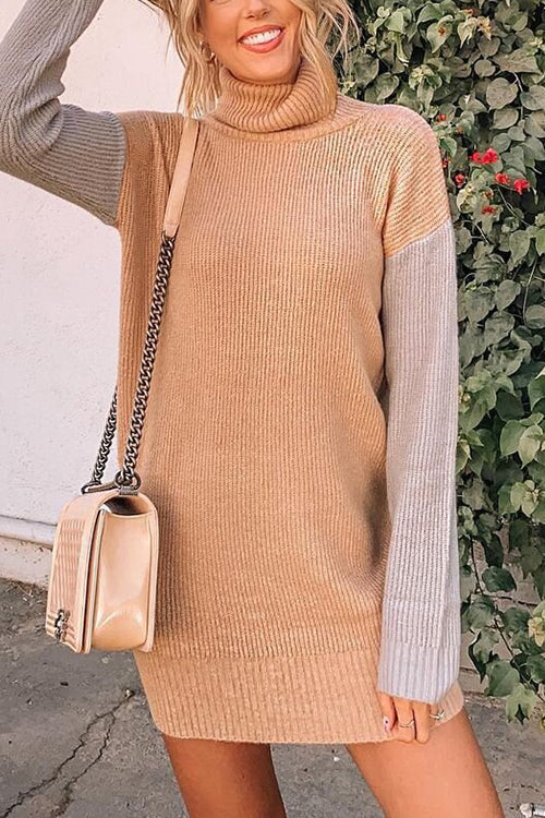 Color Block Turtleneck Sweater Dress - Fashionpara