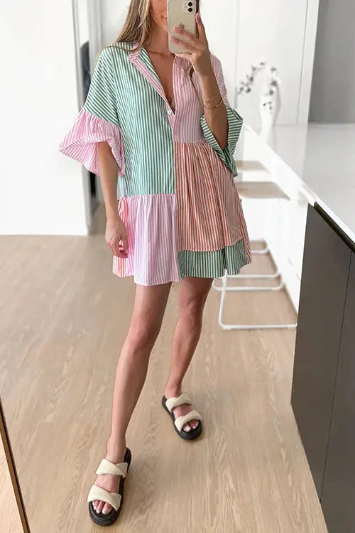 Stripe Color Block Half Button Mini Dress - Fashionpara