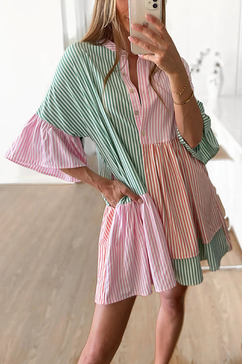 Stripe Color Block Half Button Mini Dress - Fashionpara