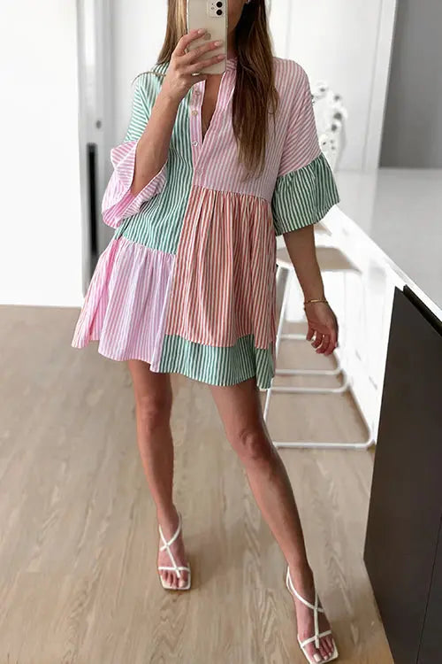 Stripe Color Block Half Button Mini Dress - Fashionpara