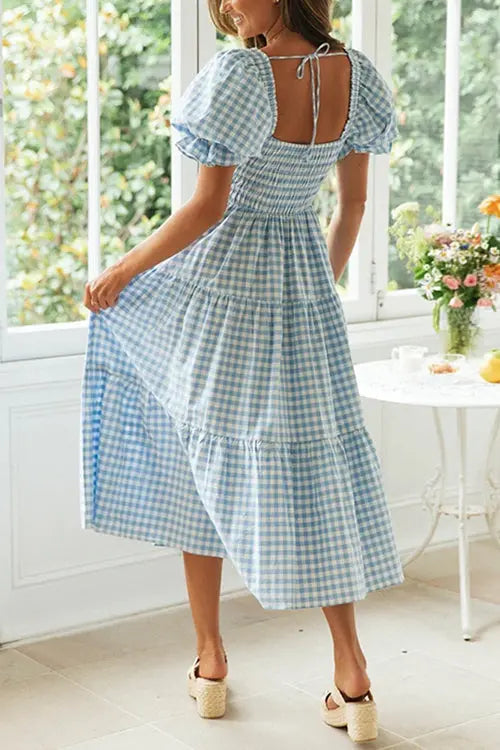 Plaid Square Neck Puff Sleeve Midi Dress - Fashionpara
