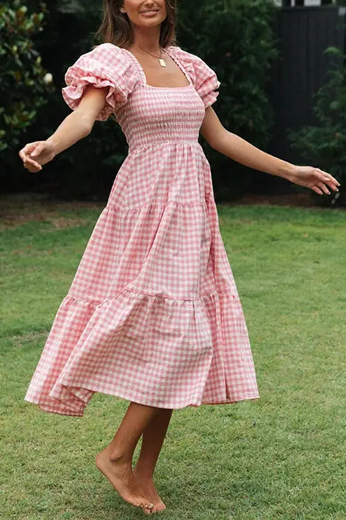 Plaid Square Neck Puff Sleeve Midi Dress - Fashionpara