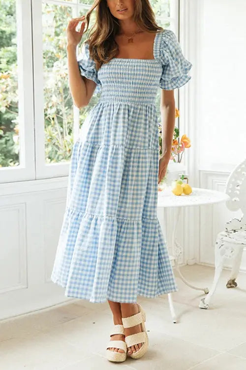Plaid Square Neck Puff Sleeve Midi Dress - Fashionpara
