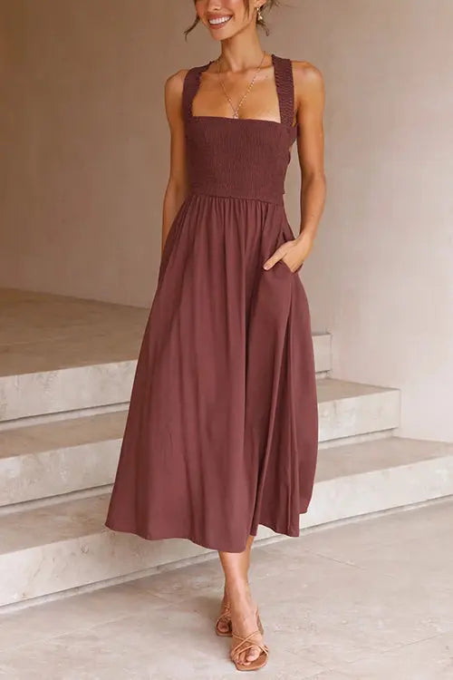 Elastic Shirred Bodice Cross Back Pocket Dress - Fashionpara