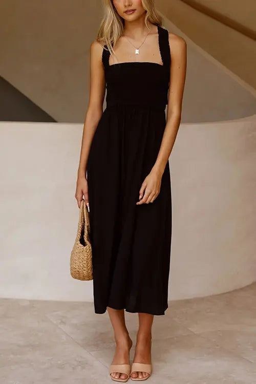 Elastic Shirred Bodice Cross Back Pocket Dress - Fashionpara